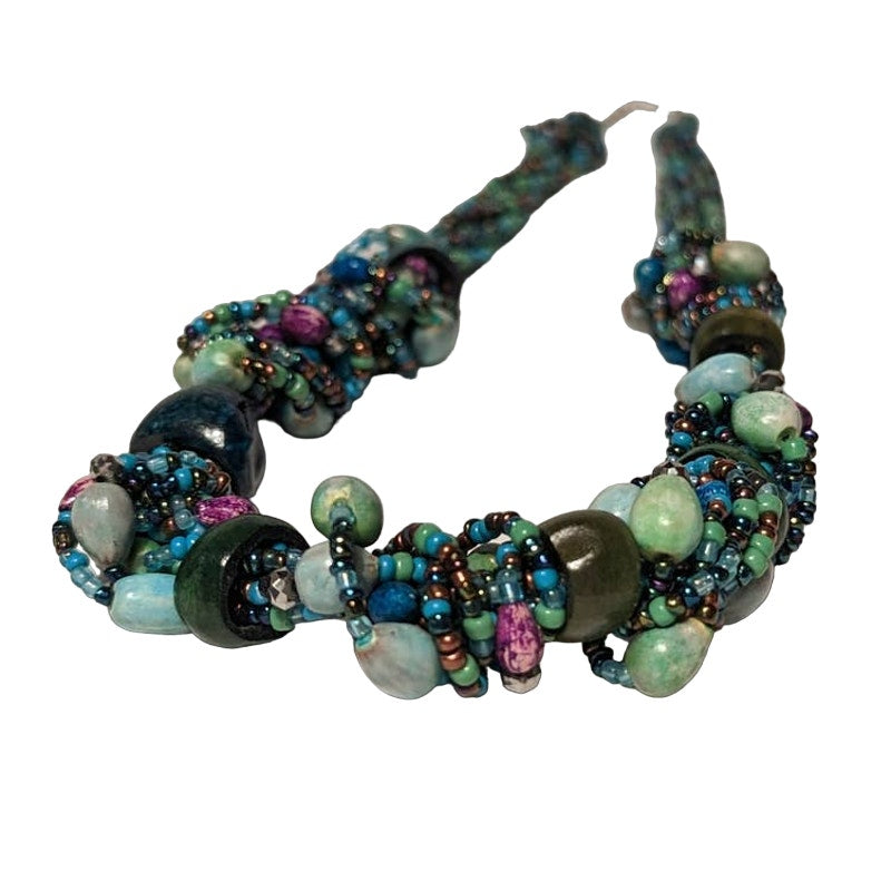 Vintage Cluster Funky Beaded Necklace Glass Wood Costume Jewelry Blue Green BOHO