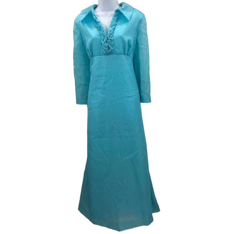 Vintage Baby blue Maxi Taffeta wide lapel 1960 MOD braided collar back zip SMALL
