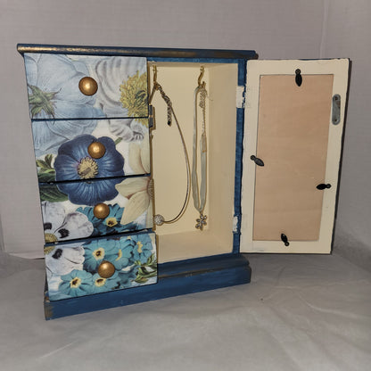 BLUE Hand-painted dry rub floral gold Custom 4 drawer jewelry box trinket stash
