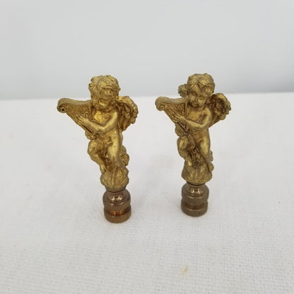 Vintage Pair Gold Tone Angels Playing Harps Brass Metal Lamp Finials