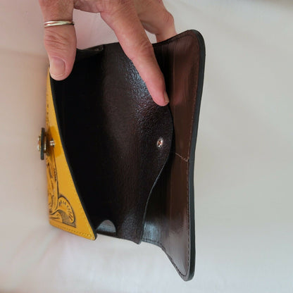 Hand tooled leather wallet Mustard yellow 7 1/2"x 4" BOHO Chic Mexican Artisan
