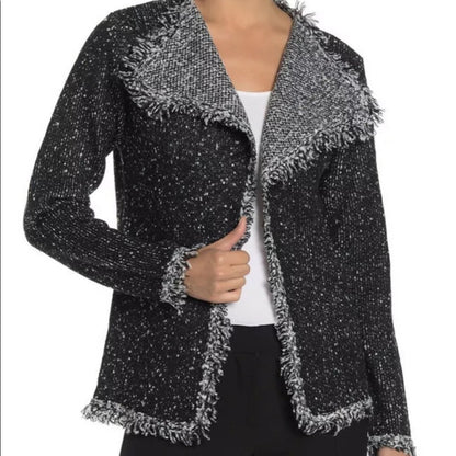 Max Studio Black Grey Marled Knit Frayed Sweater Size XSmall