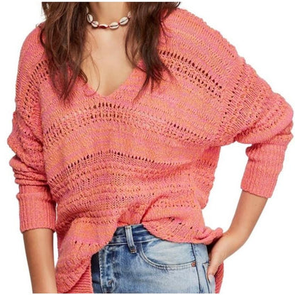 Free People NWT Long Sweater Hot Tropics Paloma Combo V-Neck Small
