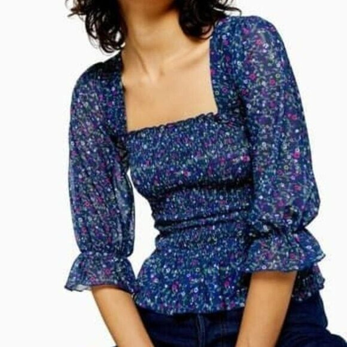 Topshop Criss Cross Ditsy Smocked Square Neck Blouse Size 4 US Blue Floral NWT