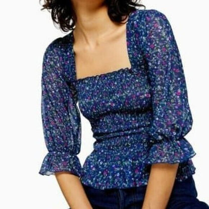 Topshop Criss Cross Ditsy Smocked Square Neck Blouse Size 4 US Blue Floral NWT