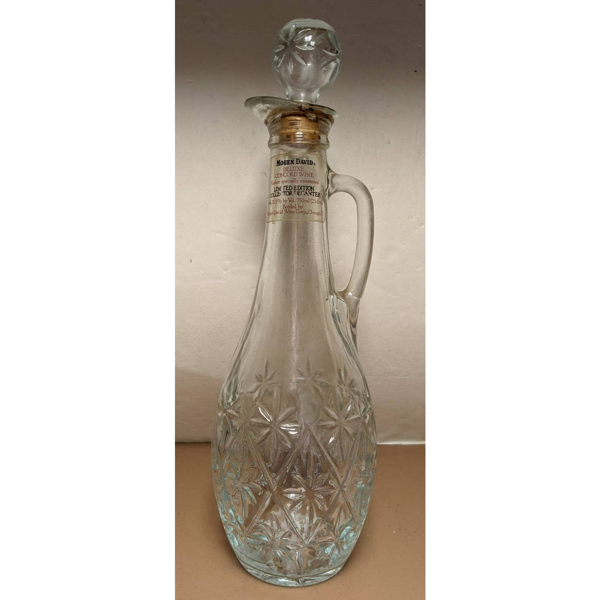 Vintage Mogen Wine Decanter Clear Pressed Glass with Stopper Label Attached