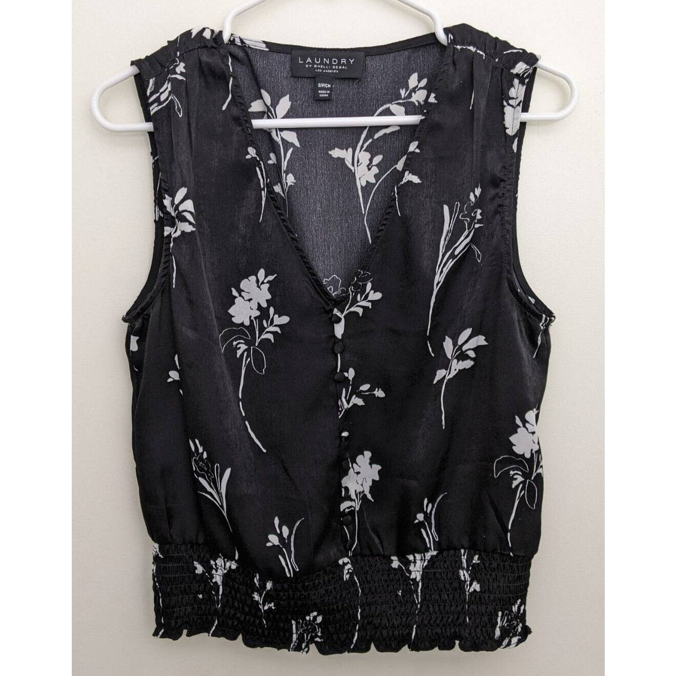 Laundry Shelli Segal Smock Waist V-Neck Sleeveless Top Sz Small Black Floral NWT