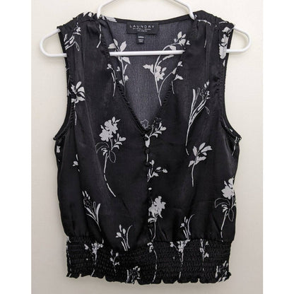 Laundry Shelli Segal Smock Waist V-Neck Sleeveless Top Sz Small Black Floral NWT