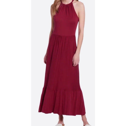 Caslon Halter Tie Back Ruffle Hem Maxi Dress Sz Medium in Red Rhubarb NWT