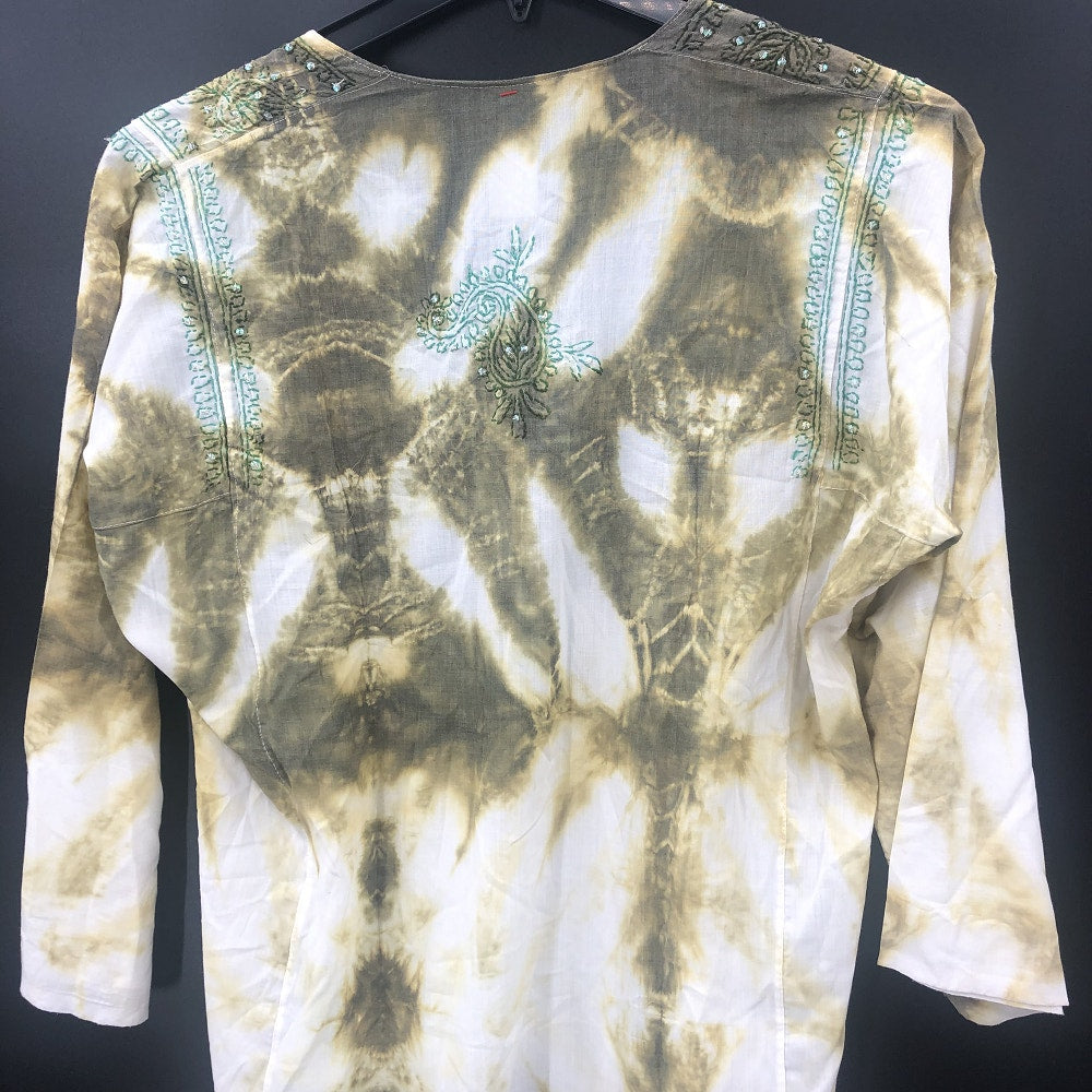 Vintage Tie Dye Sequin Embroidered Long Sleeve Tunic Top Green White Boho MEDIUM