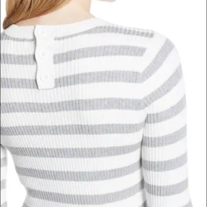 1901 White Grey Stripped Ribbed Long Sleeve Top Button Back Medium NEW