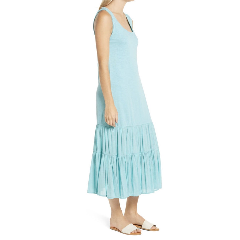 Caslon Sleeveless Scoop Neck Raw Edge Maxi Dress Size Small in Teal Shore NWT