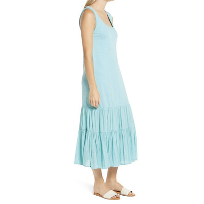 Caslon Sleeveless Scoop Neck Raw Edge Maxi Dress Size Small in Teal Shore NWT