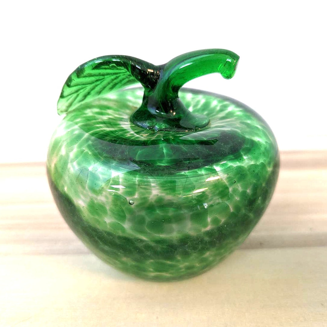Green glass speckled apple paperweight handblown heavy office teacher school