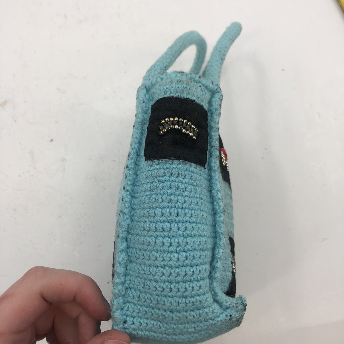 Vintage Unbranded Womens Handmade Crochet Knitted Tote Bag Turquoise Small
