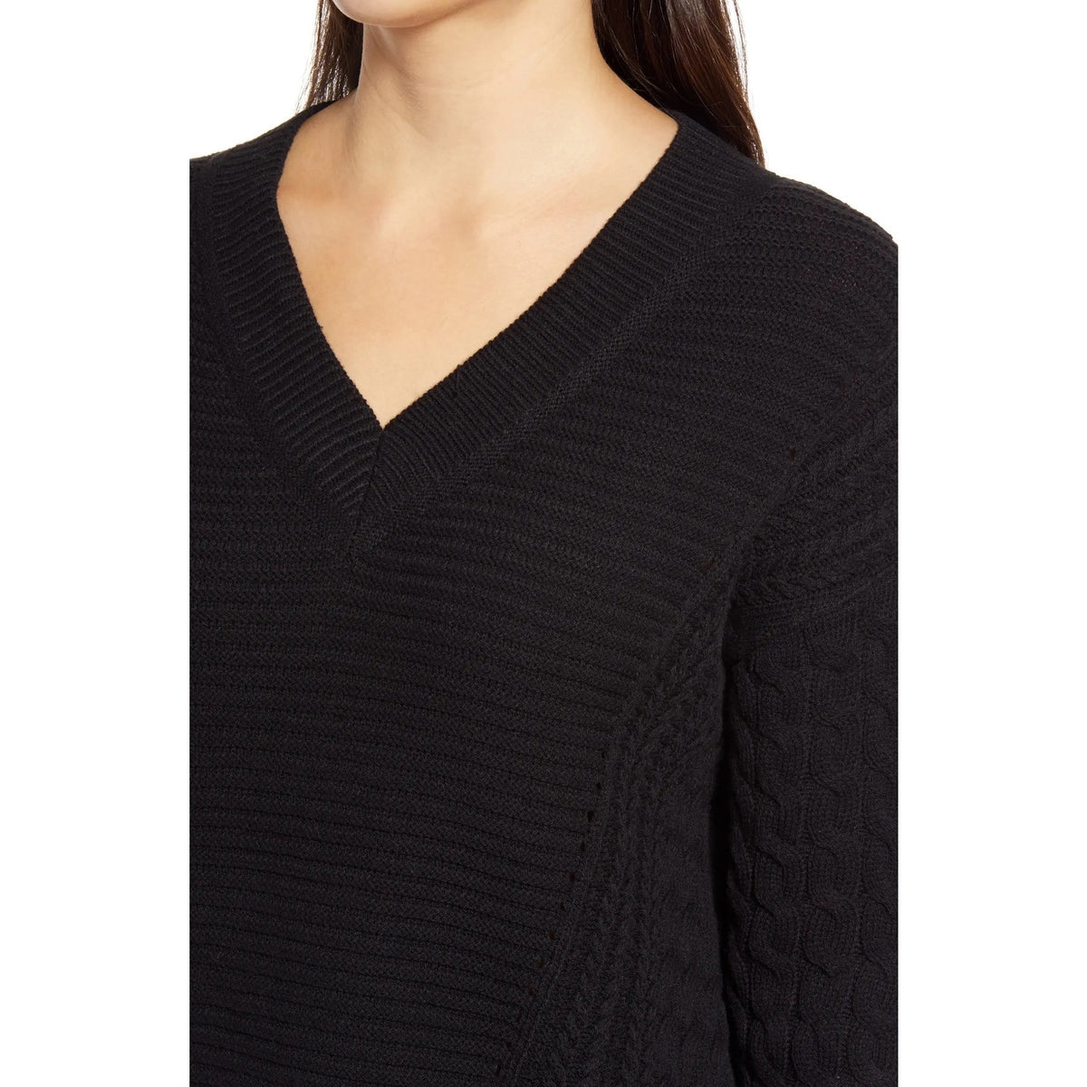 Caslon NWT Black Cable Knit Sleeve V-Neck Ribbed Sweater Size XS