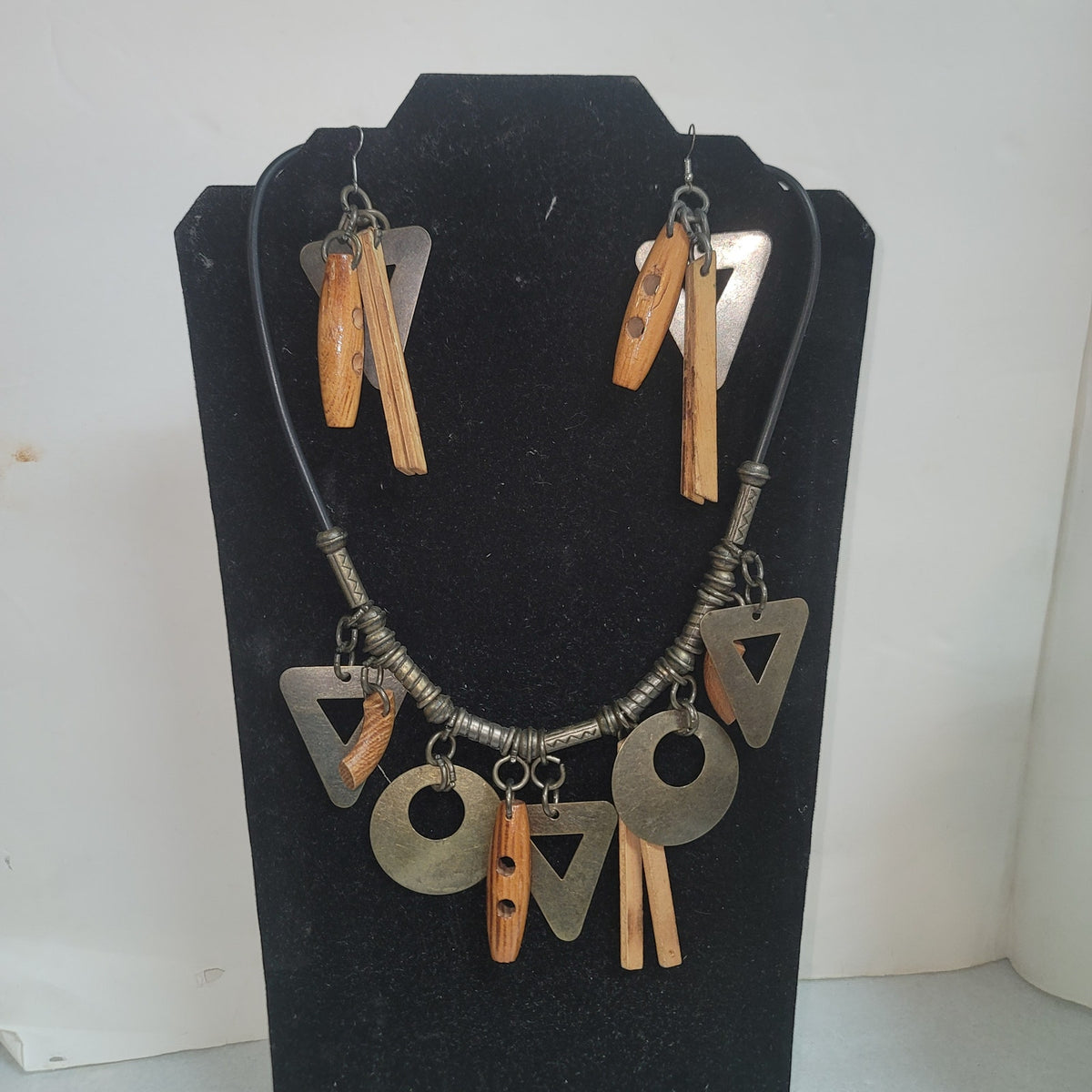 FABULOUS Vintage Mixed Metal Wood Necklace Earrings Set Jewelry Boho Modernist