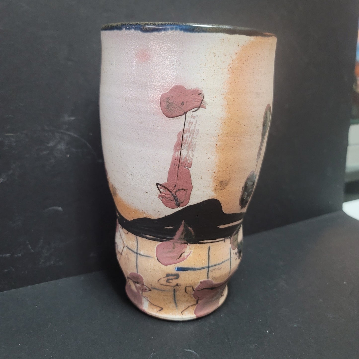Handmade Studio Pottery Vase 8" textured Abstact Painting Muted Tones Glazed