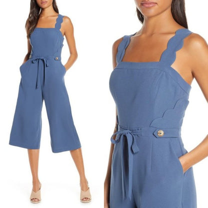 Adelyn Rae Lenora Jumpsuit Crop Scallop Blue Medium NEW Sleeveless Zip Up