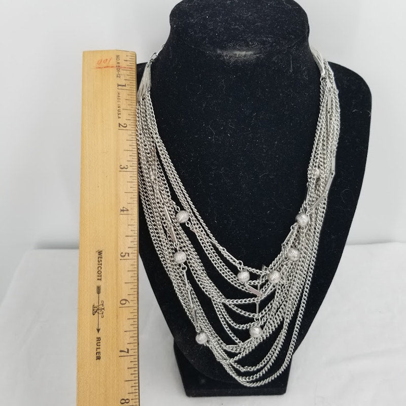 Vintage Multi-strand silvertone Beads and Chains charm Necklace Statement