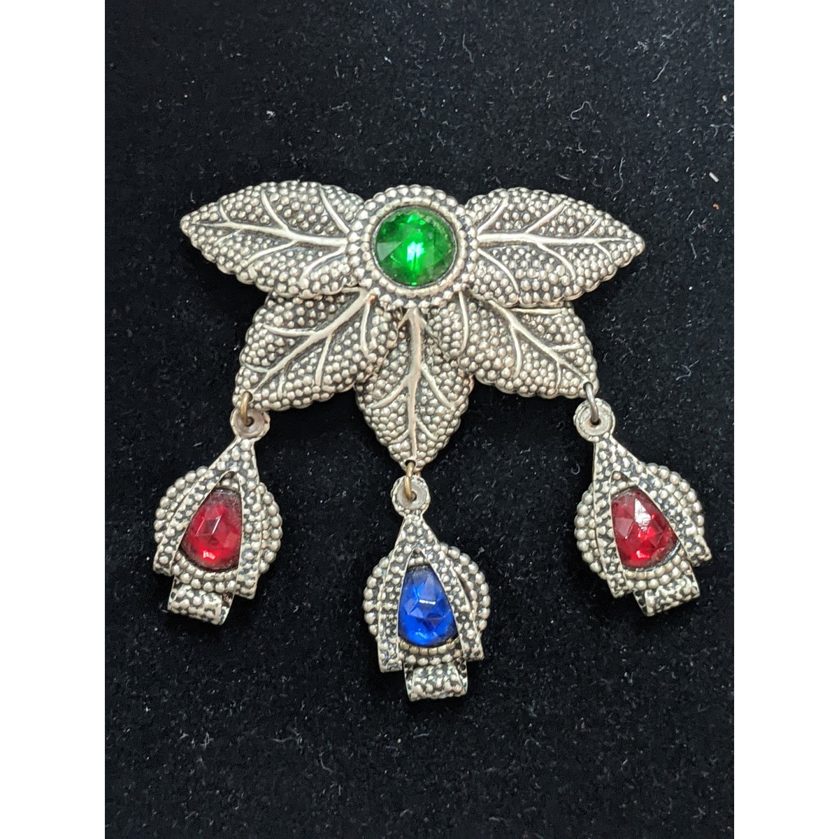 3tier silvertone bejeweled green red blue stones dangle brooch Pin Revival Leaf
