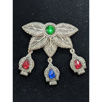 3tier silvertone bejeweled green red blue stones dangle brooch Pin Revival Leaf