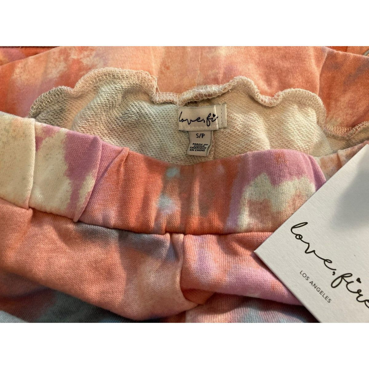 Love Fire 2 Piece Jogger Sweat Suit Pink Blue Tie Dye Small/Petite NWT Mask Hood