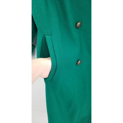 Vintage Jofeld Green Wool Trench Coat Jacket Pock Brass Button Long Sleeve L/XL