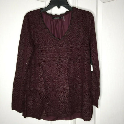 NIC ZOE WinterShine Pullover Sweater Scalloped Neck Long Sleeve Burgundy Medium