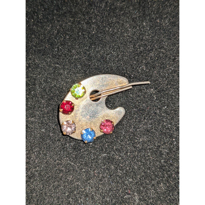 Vintage Artist Paint Palette Silver Tone Wire Brooch Pin Rhinestones