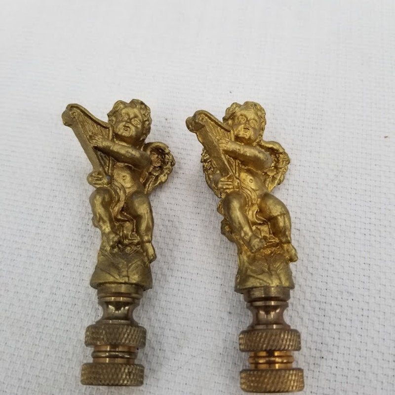 Vintage Pair Gold Tone Angels Playing Harps Brass Metal Lamp Finials