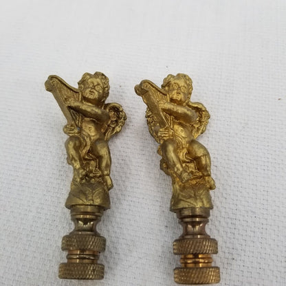 Vintage Pair Gold Tone Angels Playing Harps Brass Metal Lamp Finials