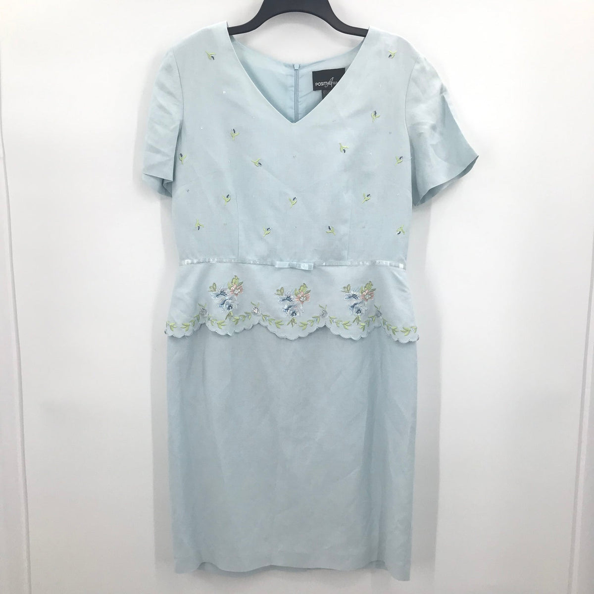Positive Attitude Floral Scallop Drop Waist Overall Dress Short Sleeve Blue 12