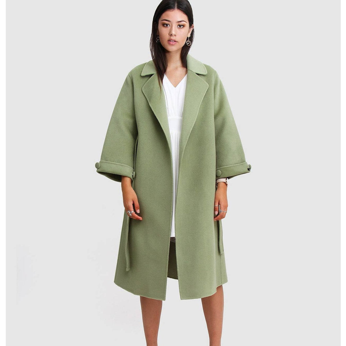 Belle & Bloom Stay Wild Oversized Wool Coat Belt Waist Solid Green Size Large