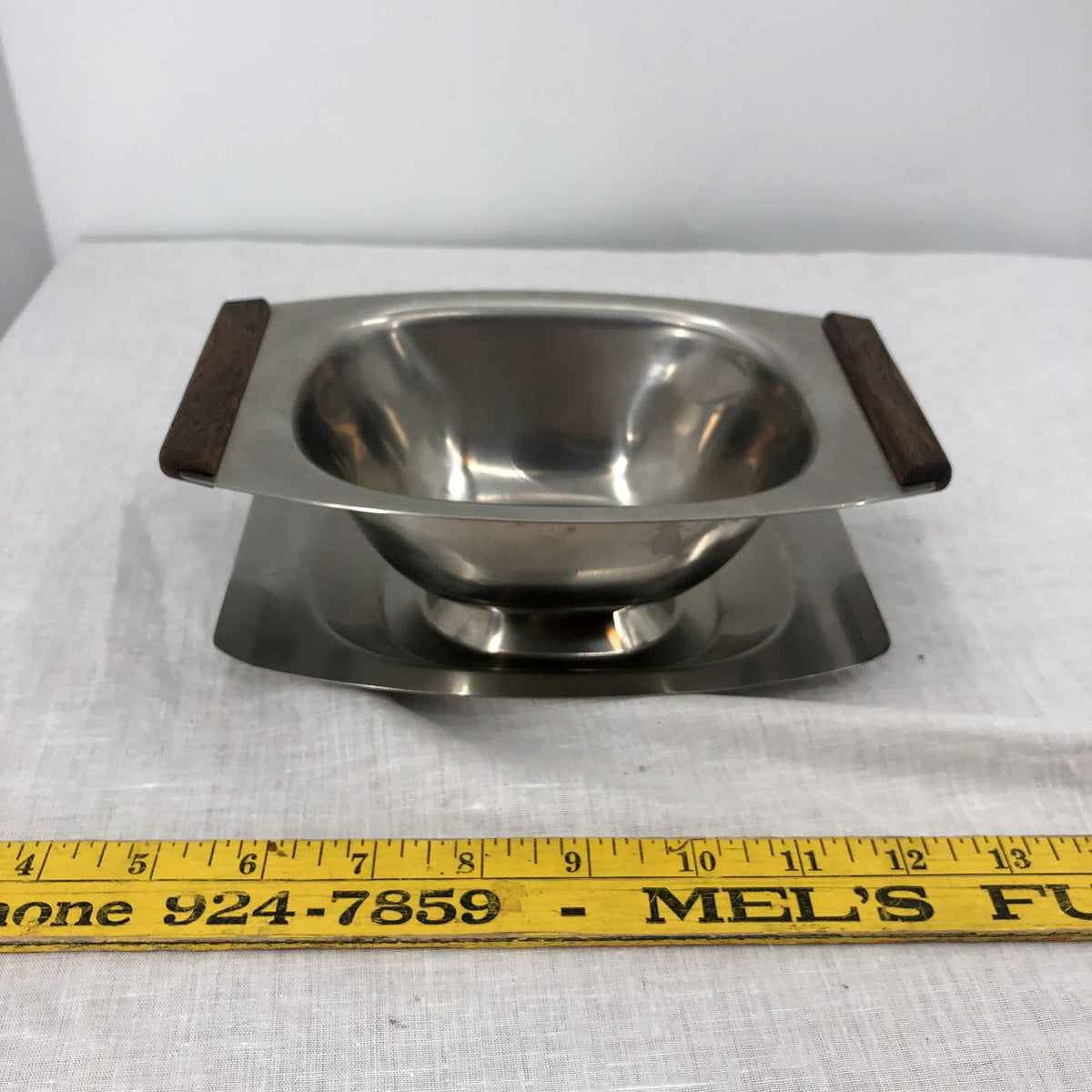 Danish One PIece Silver Tone Stainless Steel Wood Gravy Boat Midcentury Modern