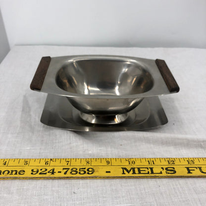 Danish One PIece Silver Tone Stainless Steel Wood Gravy Boat Midcentury Modern