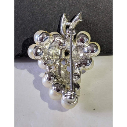 Vintage Grapevine Bunch Faux Pearls Pin Silvertone Rhinestones Brooch