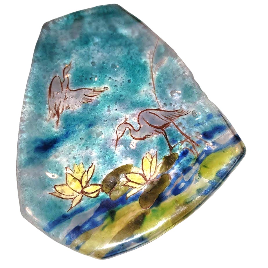 Handmade Art Glass Beach Heron Lily Pads Flamingo Fused Bubbles One of a kind