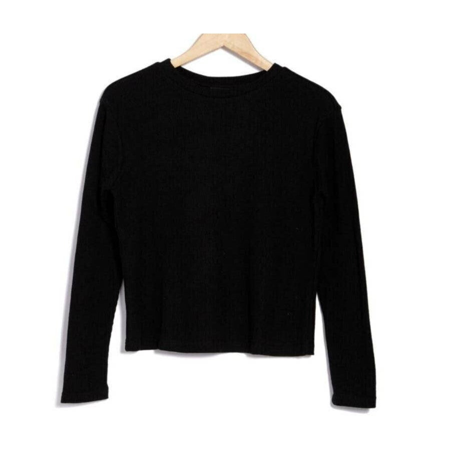 RDI Women Waffle Knit Crew Neck Crop Top Pullover XL/Extra Large Black NWT