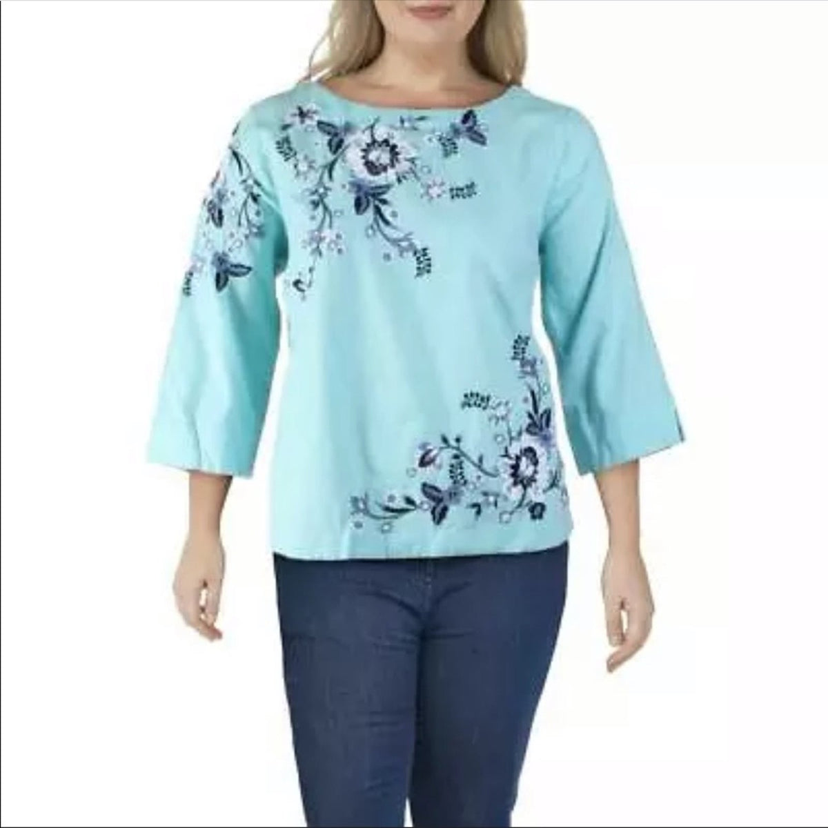Charter Club Blue Embroidered Floral Blouse XL