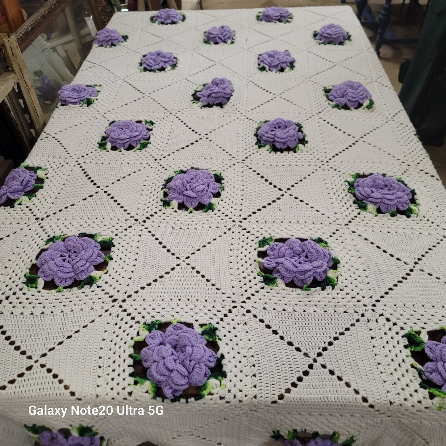 Crochet purple white raise flower blanket coverlet Handmade twin full bedspread
