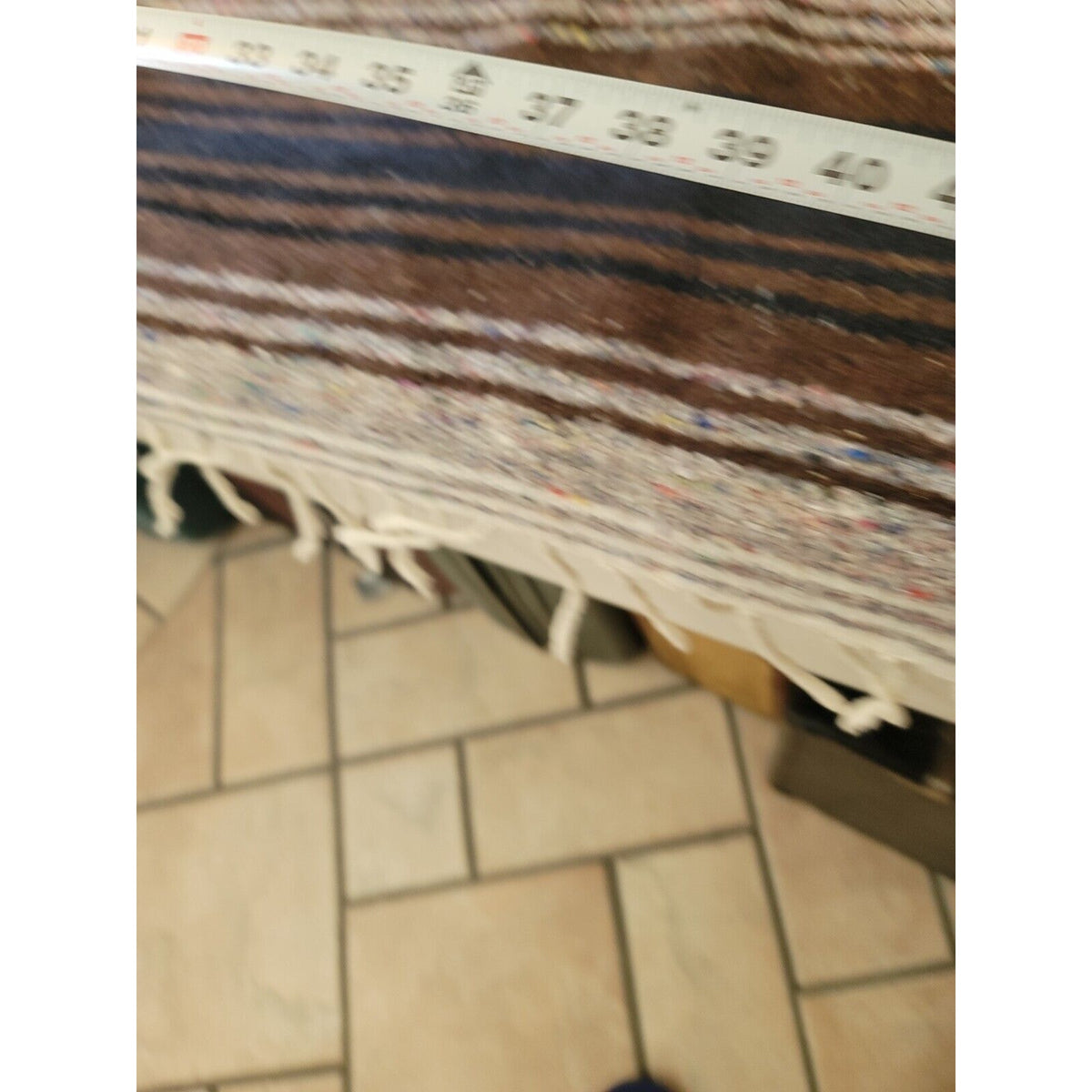 Vtg Brown Neutral Mexican Serape Cotton 77.5 x 47 in Striped Blanket with fringe