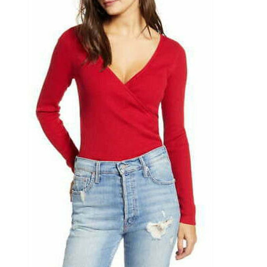 Leith Rib Wrap Pullover Sweater Long Sleeves Surplice V-Neck Red X-Small NWT