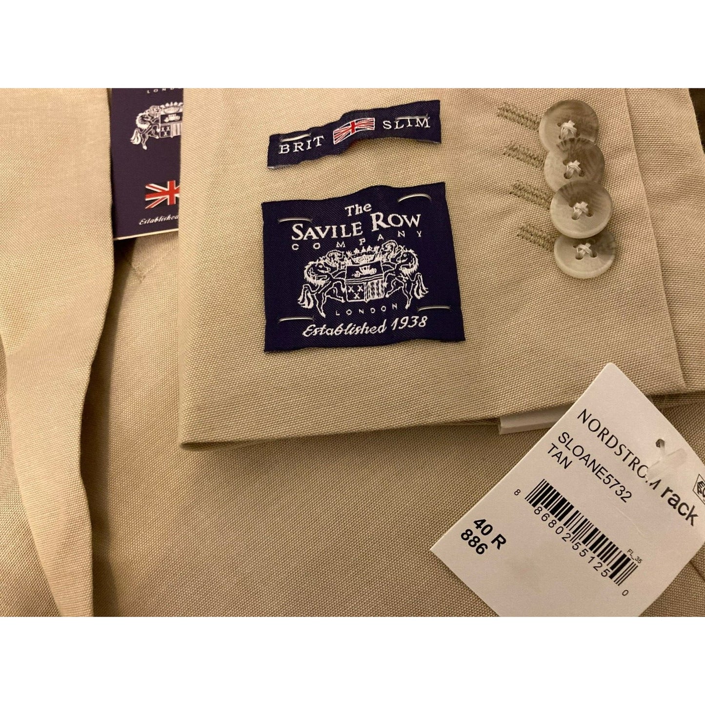 THE SAVILE ROW Sloane Chambray Cotton Brit Slim Suit Jacket Blazer 40R Tan NWT