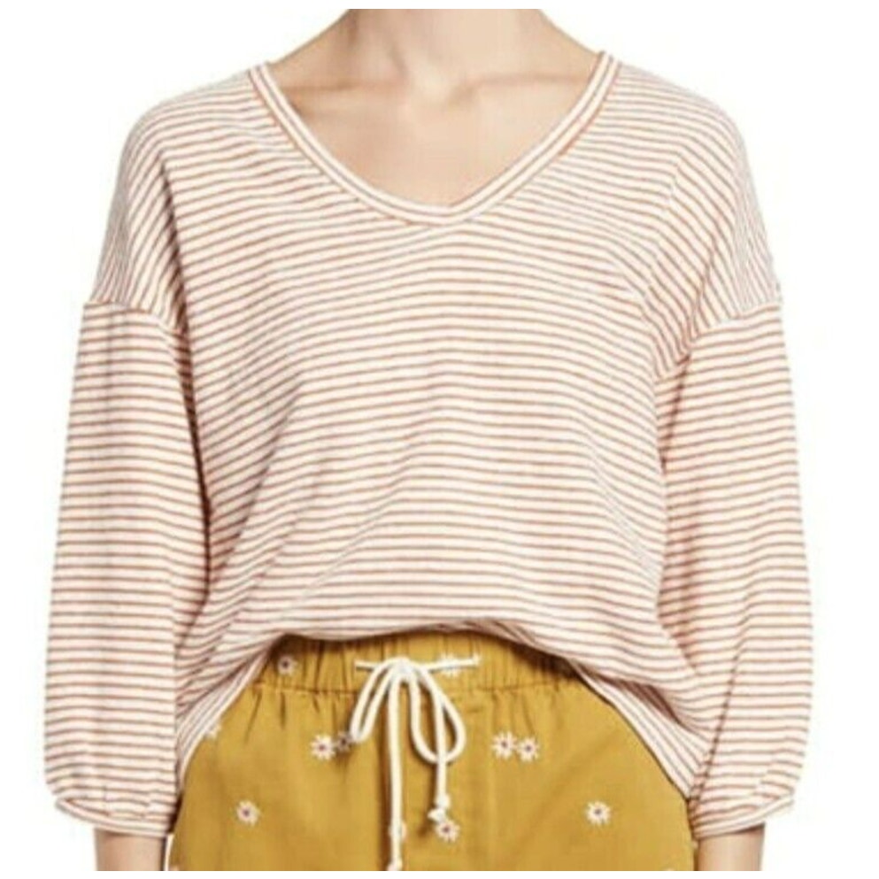 Madewell V-Neck Bubble-Sleeve Top M3092 Size Large Mystique Stripe Cider NWT