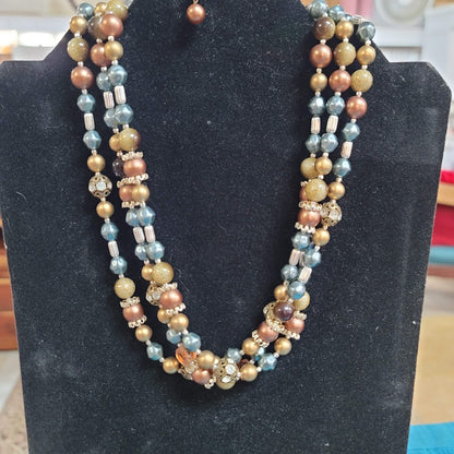 Vintage Costume Jewelry Fashion Layered Beaded Necklace 3 Strand Blue Faux Pearl