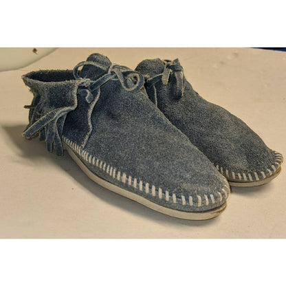 Vintage 80s Blue Suede Leather Fringe Moccasin Booties Soft Shoes  Size 8