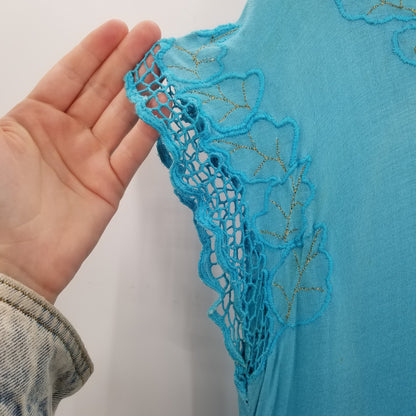Vintage Blue Teal Coverup Dress Embroidery short sleeve 1980's Medium