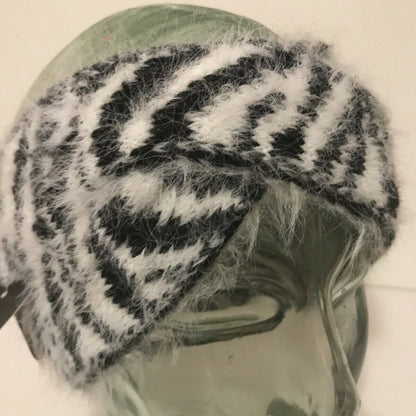 New DKNY Animal Zebra Print Front Twist Headband Ear Warmer Fuzzy Black White
