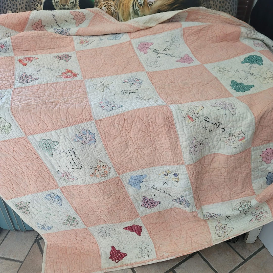 Handmade Pink White Quilt Full Queen Butterfly Stitched Names Community 80x66